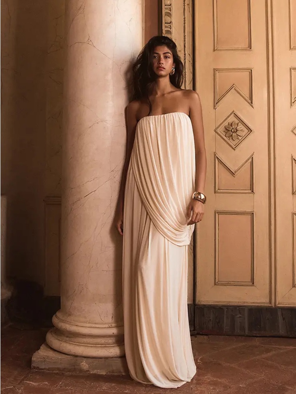 PrettyLittleThing Strapless Cream Draped Maxi Dress